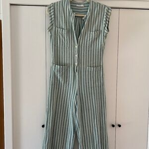 Doen Sage and White Striped Sleeveless Jumpsuit